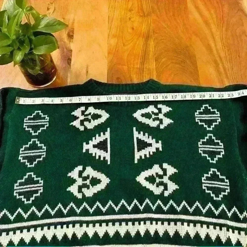 Vintage Bohemian Oversized Multicolored Green Pattern Crew Neck Sweater jumper - Picture 9 of 15